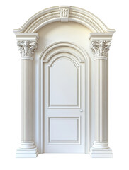 Fototapeta premium A beautifully rendered white door framed by fluted Corinthian columns and an arched pediment, showcasing classical architectural detail on a plain background.