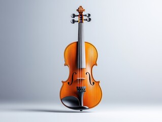 A polished violin, beautifully crafted, stands against a neutral background.  Its rich, amber tone is captivating