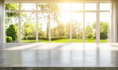 Empty countertop, sunny garden view