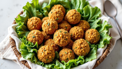 "A plate full of golden-brown falafel balls topped with herbs, served on a Mediterranean diet-themed table."