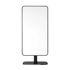 A tall rectangular digital display with a blank white screen sits on a black stand against a clean white background, offe a sleek and modern design element.