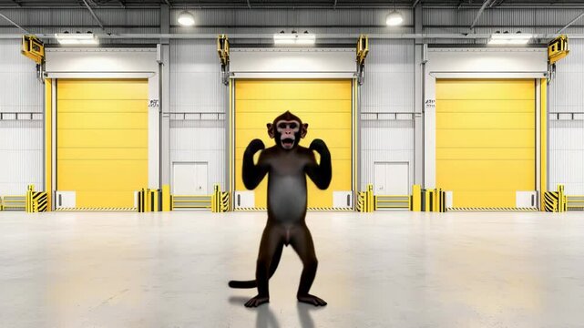 Animated monkey stands in warehouse. Doors behind. Gray floor. Open space