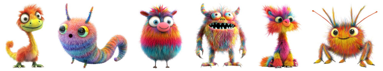 Fototapeta premium PNG Colorful, fuzzy, cute, cartoon monsters, element set on transparent background