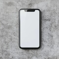 Modern smartphone on a textured surface.  A sleek, black smartphone with a blank white screen rests on a gray concrete background.  The phone's design is minimalist and contemporary