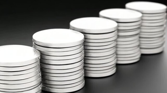 Ascending stacks of silver discs show growth, progress, and financial theme on a dark surface