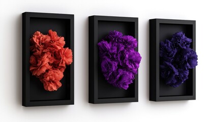 Abstract floral art, three framed sculptures, on white wall, modern interior