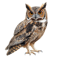 Obraz premium Great Horned Owl Portrait: Majestic great horned owl with piercing gaze and intricate plumage, perched against a clean background.
