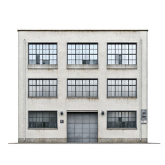 An isolated three story industrial building stands starkly against a white background, its facade featu nine and a central roll up door at ground level.