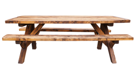 Rustic Wooden Picnic Table with Bench Isolated on White - Professional Image for Creative Projects