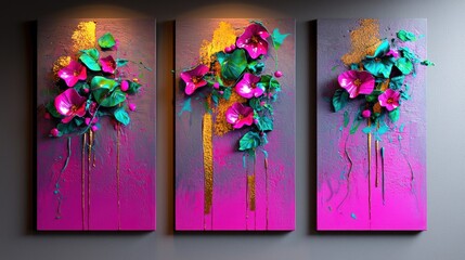 Three vibrant floral wall art panels in a modern interior