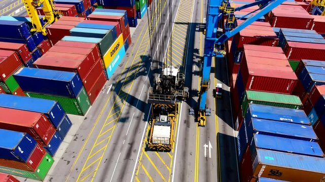 Aerial View of Colorful Shipping Containers at Port with Crane and Trucks in Action