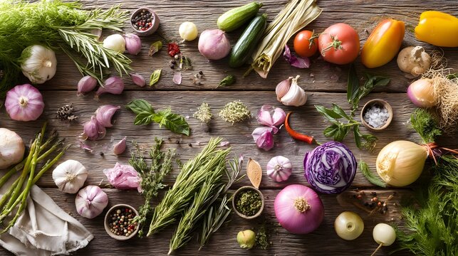 Fresh Italian vegetables and herbs on a wooden table, celebrating natural flavors and rustic simplicity