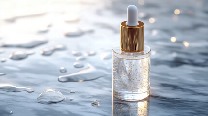 A 3D transparent skincare serum bottle with golden accents, placed on a smooth marble surface, surrounded by water droplets 
