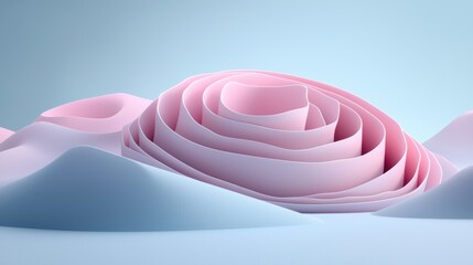 A pink, layered, abstract sculpture resembling a flower or a cloud.