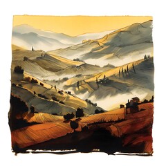Tuscan Hills at Sunset An Artistic Landscape Painting.
