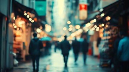 Rainy night, city street, blurred people, urban life, background lights, travel