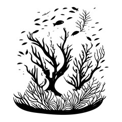Monochromatic aquatic ecosystem illustration showcasing intricate underwater flora and fauna