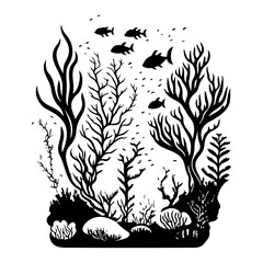 Monochromatic underwater scene with stylized marine life and plant silhouettes