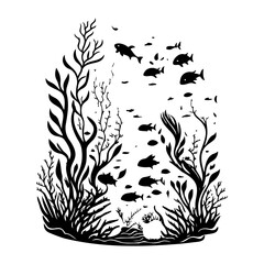 Monochrome Aquatic Scene Depicting Fish Among Seaweed and Underwater Plants