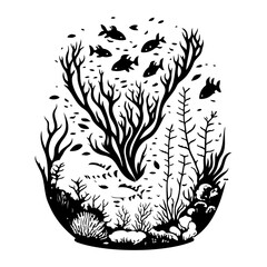 Stylized underwater ecosystem illustration showcasing marine life silhouette