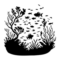Underwater realm: Silhouette of marine life amidst coral and aquatic flora