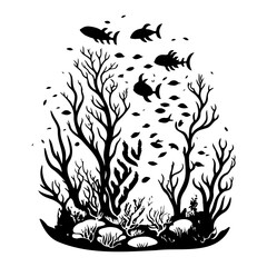 Monochromatic Undersea Scene with Aquatic Life and Coral Reef Elements