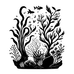 Obraz premium Monochrome underwater scenery depicting seaweed, coral, and fish silhouettes