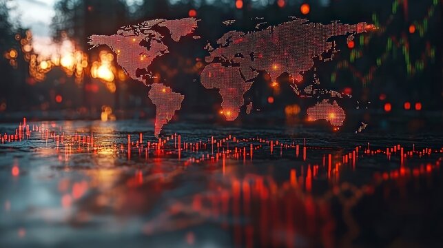 World map with red charts overlaying a wet surface - Powered by Adobe