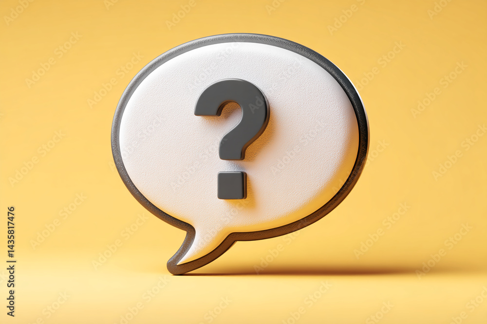 Aufkleber 3d render of a white speech bubble with a dark gray question mark on a yellow background, symbolizin