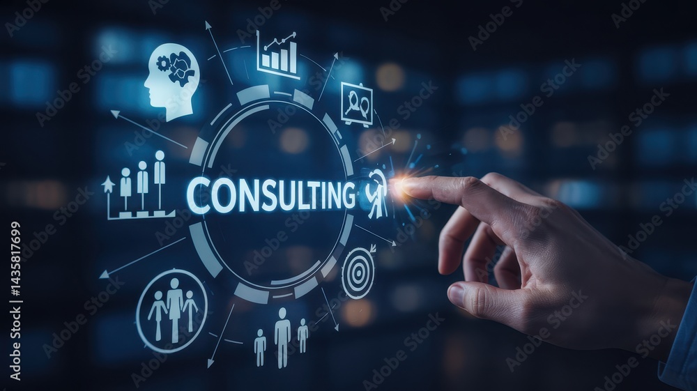Aufkleber modern business consulting strategy displayed on a digital interface.