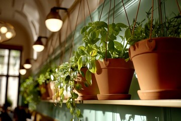Indoor Herb Garden with Hanging Pots and Natural Light in Cafe