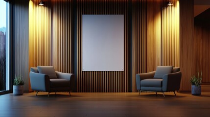 Modern wooden living room with blank poster and armchairs,  evening light, mountain view