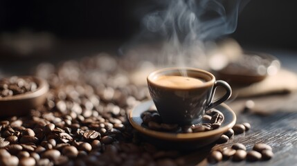 Fototapeta premium Steaming espresso cup with coffee beans, warm brown tones - the essence of rich coffee moments