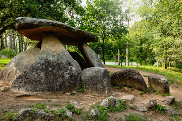 Prehistoric stone dolmen in a green forest under natural light