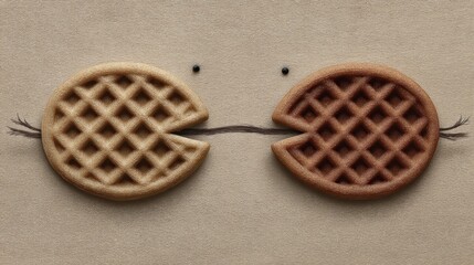 Quirky Waffle Art Depicting Playful Characters Featuring Textured Waffles on Neutral Background