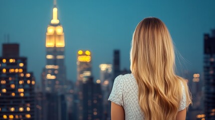 New York City Dreamscape: Capturing a woman's contemplative gaze as she admires the iconic cityscape of New York City at dusk, embracing the urban allure and sophisticated beauty.