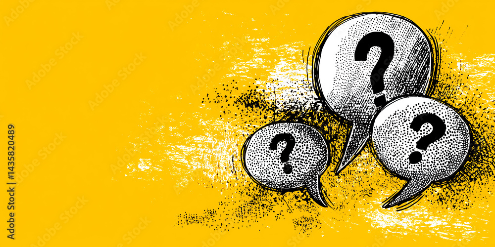 Aufkleber yellow textured background with three speech bubbles containing question marks, symbolizing inquiry,