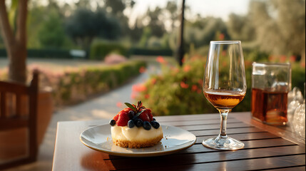 A cheesecake with strawberries and blueberries on a plate with a glass of wine on a wooden table