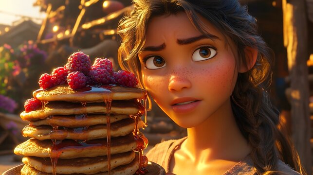 Cartoon girl surprised to hold a tall stack of pancakes with raspberries and syrup
