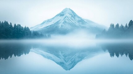 Serene snow-capped mountain reflected in a misty lake