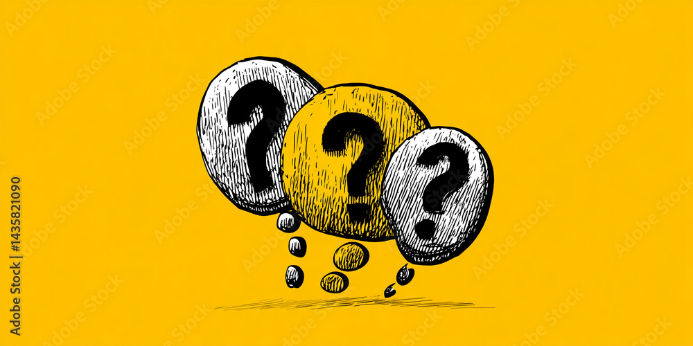 Poster Three sketched question marks on yellow background, symbolizing inquiry, uncertainty, or problem-solving
