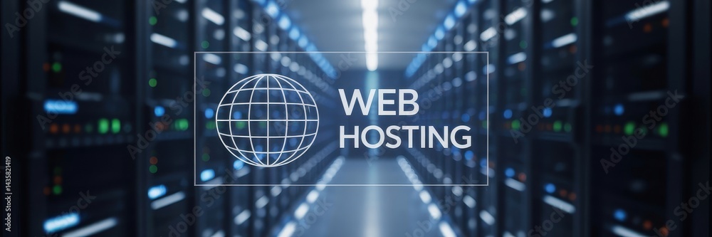 Poster modern web hosting server room infrastructure.