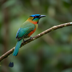 Obraz premium A colorful blue crowned motmot perched on a branch with a blurred green background in nature light