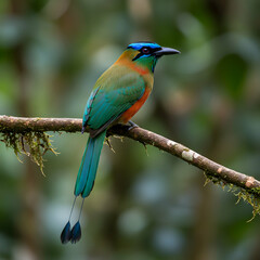 Obraz premium A colorful motmot bird perched on a mossy branch with a blurred green background in natural light