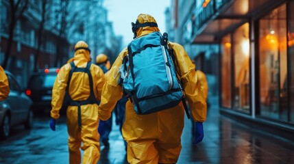 Healthcare workers in yellow protective suits with face masks and backpacks walking through urban street du daytime in a medical emergency or pandemic response scene