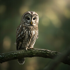 A beautiful barred owl perched on a branch in a forest setting with soft light and blurred background