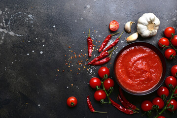 Homemade spicy tomato sauce with ingredients for making. Top view with copy space.