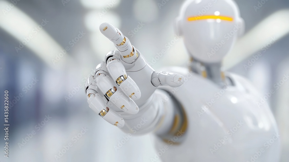 Poster technological precision: a futuristic robot, its sleek design highlighted by a focused fingertip tou