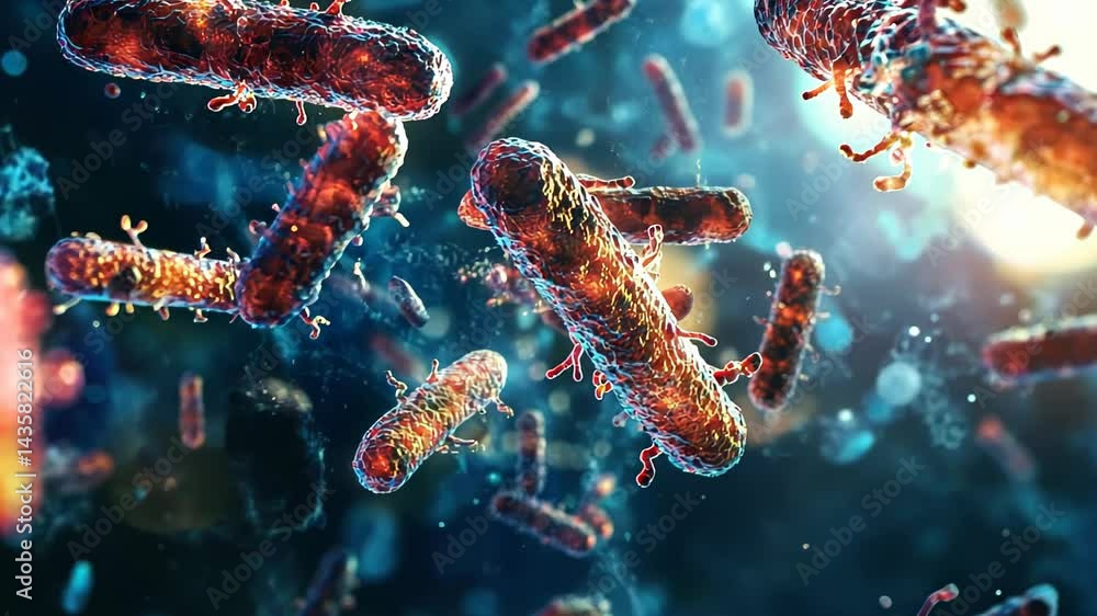 Poster discovering the vibrant world of microscopic life in an underwater ecosystem bustling with bacteria 