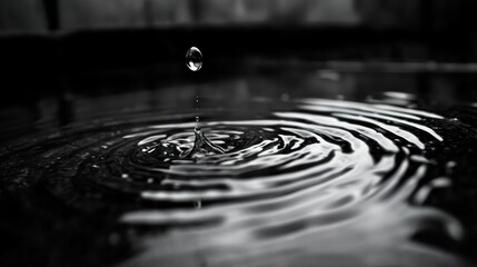 Water drop impact, ripples on dark surface, blurred background